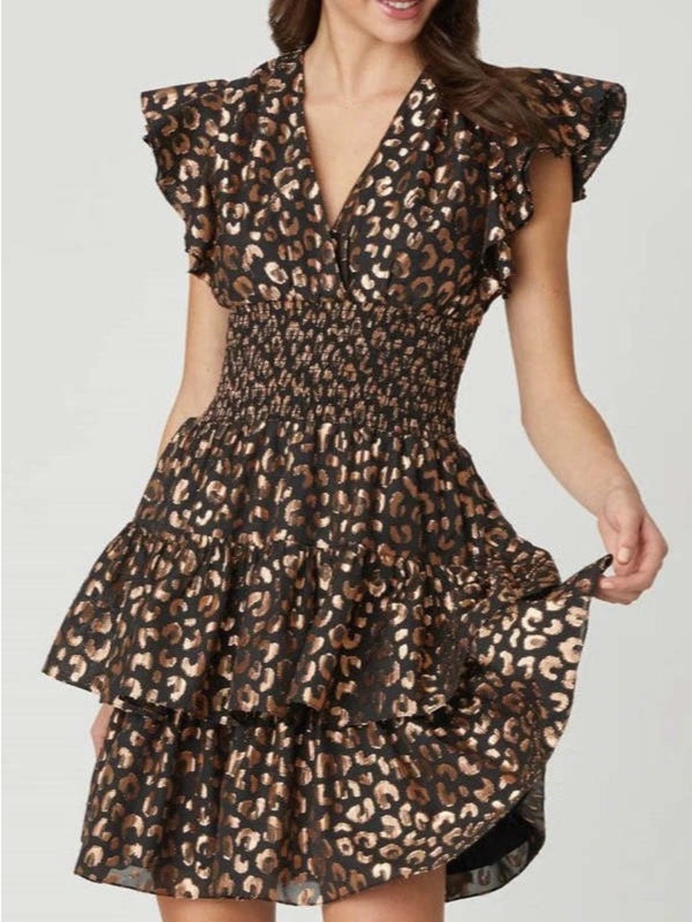 Meow 😸 Shoshanna Metallic Leopard Tiered Mini Dress Black Gold Smocked Size 4
